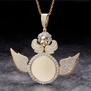 Gold Plated Hip Hop Photo Picture Iced Out Custom Jewelry Sublimation Blanks Cz Moissanite Angel Wing Picture Pendant