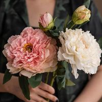 Fleur artificielle en soie pivoine à deux têtes, longue tige, aspect réaliste, faite à la main, pour décoration intérieure et photographie, Fête du Poisson d'avril