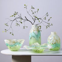 Vase en verre coloré artistique et ensemble de bols à fruits, motif spirale vert dégradé, soufflé à la main, ornement décoratif pour la maison et l'hôtel