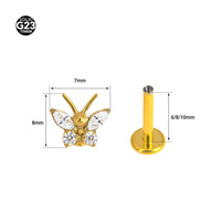 Piercing F136 G23 en Titane, Motif Papillon Mignon, Zircon Cubique Marquise Rond, Filetage Interne, Dos Plat, pour Oreille, Lèvre, Nez, Bijou de Mariage
