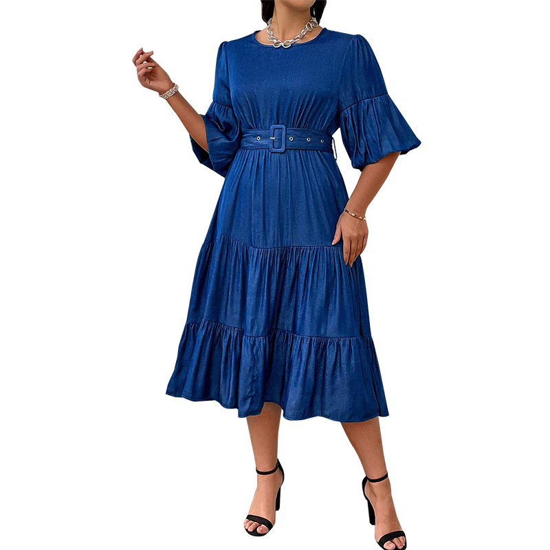 round neck pleated loose denim dress Only Carmakoma Dress 'CARAmy' female blue plain colored size 52