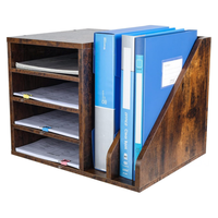 Organizador de Escritorio Rústico de Madera con Bandeja para Papel de 4 Niveles y Portadocumentos para Carpetas, Cuadernos y Organización del Espacio de Trabajo