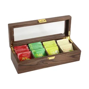 厨房储物箱，用于香料袋和糖包，带4个隔间和透明窗口茶叶袋支架木制茶叶盒