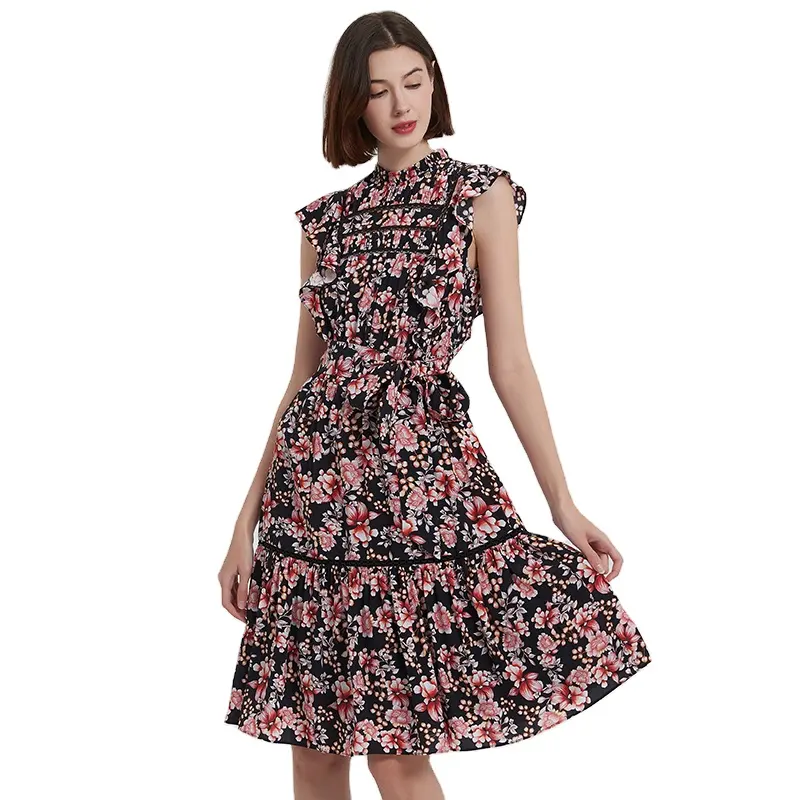 Gaun Mini ukuran besar wanita, Gaun 3 warna motif bunga bunga wanita musim panas 2024