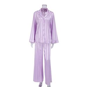 Pyjama d'été uni à rayures, manches longues, pantalon en soie tendance, ensemble deux pièces pour femme, tenue d'intérieur - Product Image 5