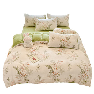 Parure de lit quatre pièces en molleton de lait, motif plantes et fleurs, housse de couette double face, literie chaude pour l'hiver - Product Image 4