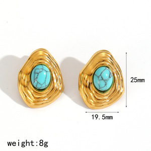 Geometric <b>Stud</b> <b>Earrings</b> With Natural Stone Bezel Setting Stainless Steel For Women Irregular Folds Design - Product Image 5