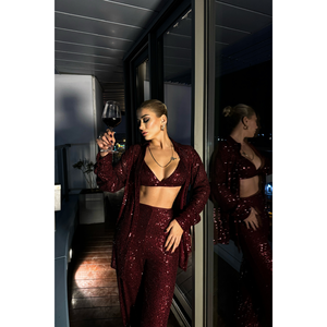 Burgundy 3-Piece Sequined Set Above Knee Length XS Size-Jacket Bustier Pants <b>Matching</b> Top Design - Product Image 3