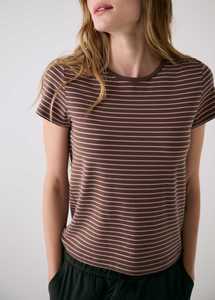T-shirt rayé marron et rose pour femme, col rond, manches courtes, coupe ajustée, en jersey extensible, décontracté, basique, vente en gros OEM/ODM - Product Image 3