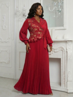 Robe longue plissée noire grande taille avec imprimé doré et manches bouffantes – Robe de soirée élégante
