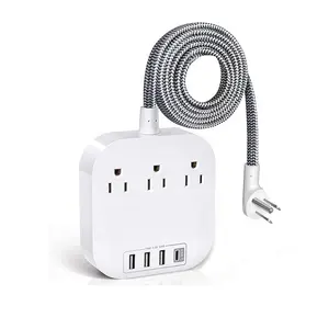 Strip Daya, Strip Daya dengan 3USB 1TPYE-C 3Outlet Plug Datar Stasiun Pengisian Daya dengan 6 Kaki Kabel Ekstensi Kepang Tugas Berat