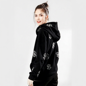 Sudadera con capucha y cremallera frontal para mujer, negra con estampado de purpurina y bloques de color, de ajuste regular, informal, de punto, de manga larga, para invierno. - Product Image 1