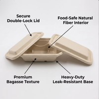 PFAS-vrije, 8,5 cm diepe, 1250 ml, biologisch afbreekbare, magnetronbestendige, stevige rechthoekige lunchbox van suikerrietbagasse met deksel voor maaltijdvoorbereiding