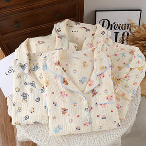 Doppio <span class=keywords><strong>pigiama</strong></span> in <span class=keywords><strong>cotone</strong></span> crêpe da <span class=keywords><strong>donna</strong></span> pantaloni a maniche lunghe comodi vestiti per la casa traspiranti per quattro stagioni cartoni - Product Image 1