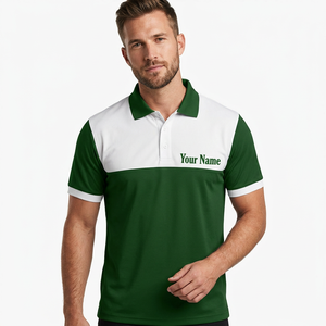 Chemise personnalisée pour homme, bicolore vert et blanc, à manches courtes, respirante, tricotée, 100 % coton, avec impression du nom sur le devant - Product Image 4