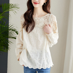Camisa de encaje calado color albaricoque para mujer, <span class=keywords><strong>manga</strong></span> larga, nuevo diseño primavera 2026, top elegante de algodón puro - Product Image 4