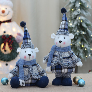 Peluches d'ours de Noël avec chapeau et écharpe à carreaux bleu marine, décoration de fête, cadeau - Product Image 1