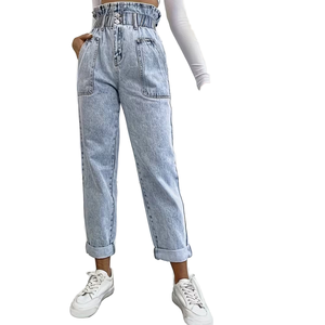 Custom Design High Quality <b>Women</b> <b>Jeans</b> 100% Cotton Solid <b>Elastic</b> <b>Waist</b> Wide Leg Street Wear <b>Women's</b> Denim <b>Jeans</b> Classic - Product Image 1