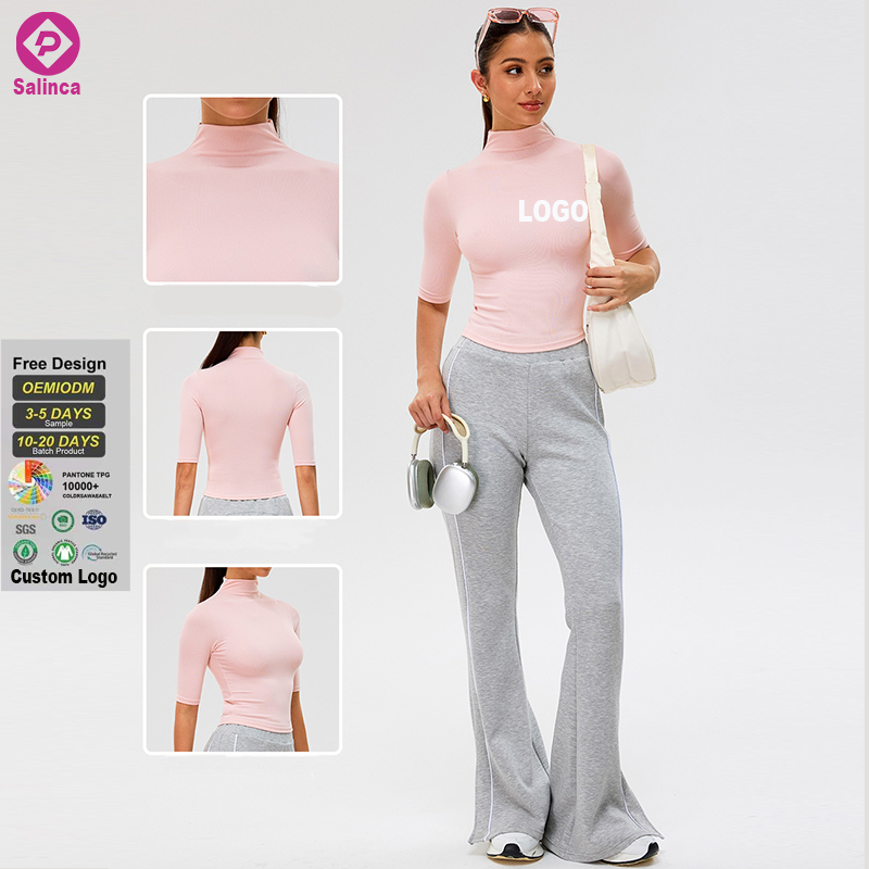 Custom logo Women New High Neck Half Sleeve Yoga Top Skinny Running Sports Top Solid Color Quick Drying Yoga Fitness T Shirt