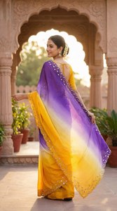Reversible Silk <b>Saree</b> <b>Orange</b> Blue Ombre Design Embroidered Border Women Traditional Indian Wedding & Party Wear - Product Image 3