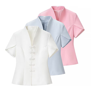 Chemisier personnalisé pour femme à col mandarin et boutons grenouille, chemise à manches courtes cintrée avec détails rétro, haut vintage OEM/ODM - Product Image 1