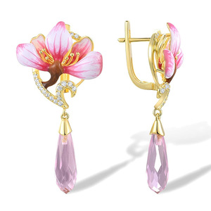 Orecchini Pendenti con Fiore in Cristallo Rosa e Smalto per Donne, Gioielli Floreali Delicati e alla Moda - Product Image 3