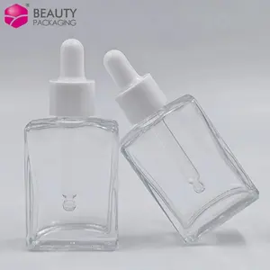 10ml 15ml 30ml 50ml retangular barba garrafas de óleo essencial transparente vidro quadrado soro cabelo óleo conta-gotas garrafas