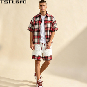 Cut And <b>Sew</b> Plaid Shirt <b>Set</b> Heavyweight Red White Checkered Top Panelled Shorts Streetwear Two Piece Co-Ord Bulk - Product Image 1