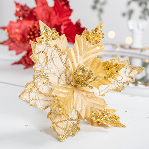 Fleur de Noël en flanelle à paillettes simulées de 8,27 pouces, or, rouge, pour décoration de sapin de Noël, fleurs décoratives DIY - Product Image 2