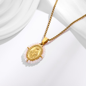 HB0617 <strong>Best</strong> Selling 20*30mm Stainless Steel Turquoise Oval Bead Charm Pendant s Steel Circular Virgin Mary <strong>Necklace</strong> Wholesale - Product Image 5