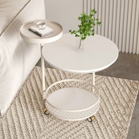 Table d'appoint de canapé moderne et minimaliste à double niveau, pliable et rétractable, style crème, avec base roulante mobile, structure métallique et plateau en quartzite blanc