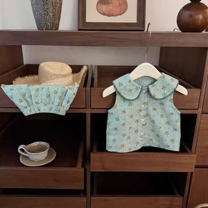 Baby Girl Floral Print Peter Pan Collar Vest Set Breathable Summer Outfit - Product Image 1
