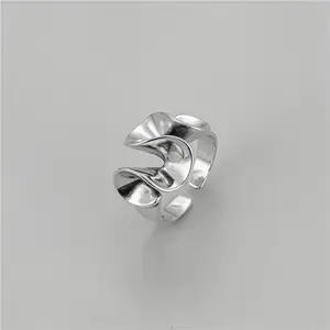 Geometric 925 Sterling Silver Abstract Art Design Edge Skirt Adjustable Ring For Women Birthday Gifts