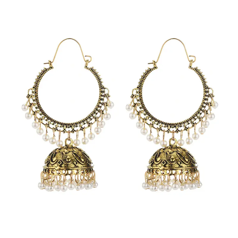Ethnic Wedding Wear Golden Pearl Beaded Handmade Jhumka Earrings Design Traditional Jewellery