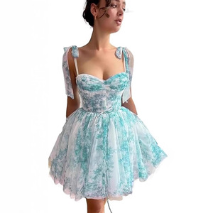 Vestido de Noche Corto de Organza con Estampado Floral y Hombros Descubiertos, Cintura Imperio, Capa Transparente, Vestido de Moda para Mujer - Product Image 4