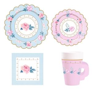 ชุดถ้วยน้ำชา จานรอง กระดาษเช็ดปาก ถ้วยชาและจานรองพร้อมหูจับ สำหรับงานเลี้ยงวันเกิดเจ้าหญิง ตกแต่งงานฉลองวันเกิดเด็ก ลายดอกไม้ - Product Image 1