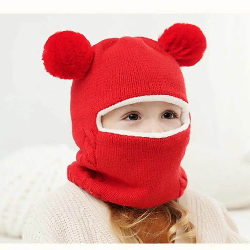 Kid Solid Pompom Beanie Baby Boy Girl Hooded Scarf Caps Hat Winter Warm Knit Scarf Newborn Winter Windproof Warm Hats