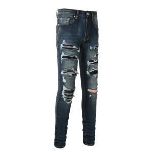 Venta al por mayor Negro Patch Pants Hip Hop Azul Ropa Stretch Elastic <span class=keywords><strong>Stack</strong></span> Ripped Slim Fit Skinny Designer Denim Jeans para Hombres - Product Image 2