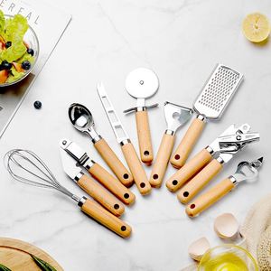 Wooden Handle Stainless Steel 9-Piece Dishwasher Safe Egg Beater Pasta Server Soup Ladle Pizza Cheese Knife Small Utensils - Product Image 2