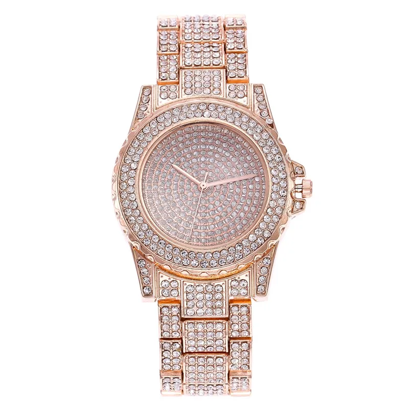Fábrica de relojes en Stock todos los diamantes de acero de aleación de reloj de oro de lujo de las mujeres de vestido reloj de pulsera
