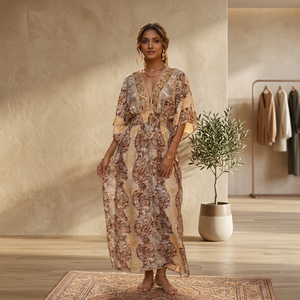 Robe d'été Y2K Bohème Col V en Soie de Sari Indien Tissée Lavable Taille Unique Imprimé Paisley Doux Naturel Décontractée Longueur Ras du Sol - Product Image 4