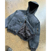 Veste bomber en jean vintage délavé à l'acide avec boucle de pompier et crochets de fixation, matelassée et rembourrée, pour homme, hiver, à capuche
