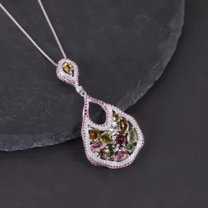 W0442 Abiding Fashion-Forward Designs Jewelry 925 Sterling Silver Natural Color Stone Necklace Trendy Tourmaline Pendant