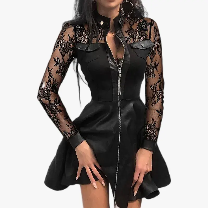 Mulheres Sexy Lace Mini Party Dress Moda Elegante PU Leather Zipper Pocket Outono Casual Long Sleeve A Line Vestidos