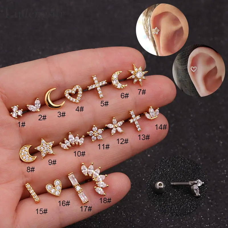 Mini Cubic Zircon Crystal Cross Flower Star Moon Ear Bone Cartilage Piercing Earrings Stainless Steel CZ Screw Back Earrings
