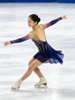 Robe de patinage artistique bleu marine et or, dos large ouvert, ornée de strass, pour la compétition et la performance