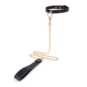 Collier en cuir noir avec anneau et chaîne dorés pour adulte, accessoire BDSM - Product Image 2