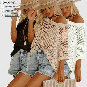2023 Fashion Clothes Knit Ribbed Round Neck Short Sleeve Mesh Sheer Summer Crochet Tops For Women