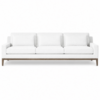 Canapé 3 places moderne et minimaliste en tissu rembourré, texture lin, pieds en bois, mobilier confortable pour salon et maison