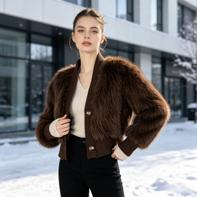 Custom Made Warm Women's Cropped Faux Fur Jacket Fashionable Brown Faux Fur Jacket Factory Direct Sales